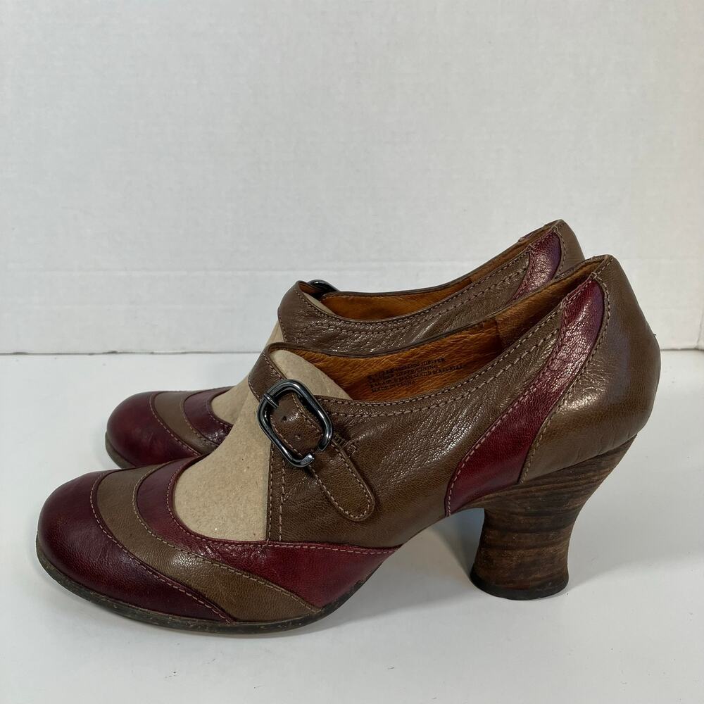 Naya Sz 8.5 Jupiter Retro Boho Mary Jane Heels Curved Heel Maroon Taupe Leather